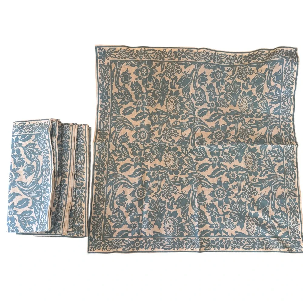 The Painted Cottage Blue White Floral Block Print Cloth Napkins Set of 4 20x20